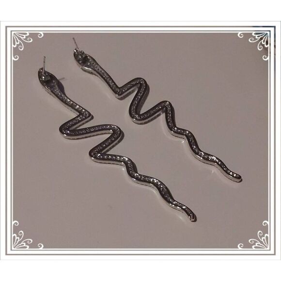 Trendy New Extra Long Silver Rhinestone Snake Design Earrings - Picture 3 of 4